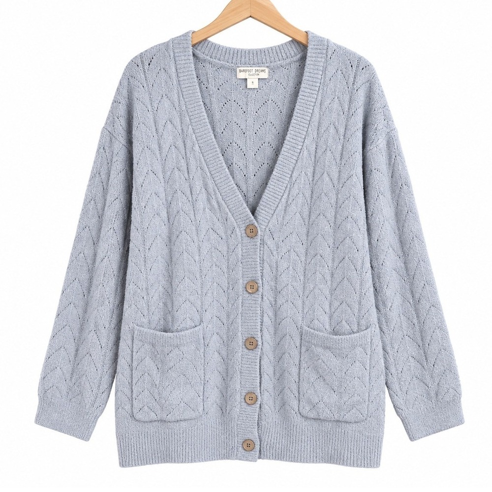 Barefoot Dreams Cardigan Womens 1X Frost CozyChic Lite Lace Pointelle A612284